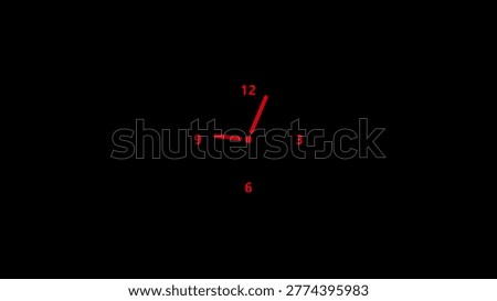 A simple red clock face on a black background with hour and minute hands and numbers at 12, 3, 6, and 9 o'clock. The clock face is minimalist and no additional details. clock, red, black background. red clock face with hour and minute hands black background hour hand
