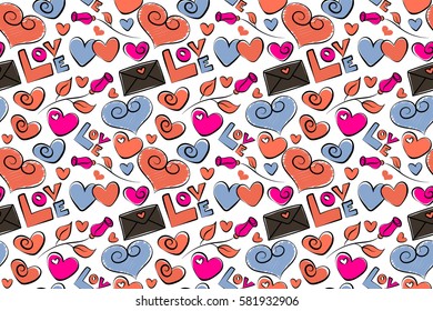 Simple repeating texture with chaotic hearts, love letter and text in orange, brown and magenta colors. Stylish hipster texture on a white background. Raster seamless pattern.