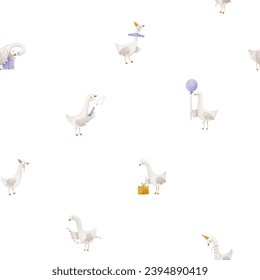 Simple seamless pattern with geese. Geese celebrate their birthday with balloons and garlands. Unpacking gifts. Firecrackers clap and confetti. Cute children's design for birthdays and New Years - Powered by Shutterstock