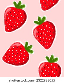 Simple Seamless Pattern with Hand Drawn Straberries on a Pastel Pink Background. Infantile Style Endless Design With Red Strawberries. Summer Fruits Print ideal for Fabric, Wrapping Paper, Textile. 