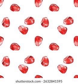 Simple seamless pattern with red pomegranate seeds. Watercolor hand drawn illustration. Bright artistic design for fabric, textile, wallpaper, wrapping, summer decor
