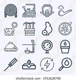 Simple Set Of  16 Lineal Icons On Following Themes Pedal Boat, Snorkle, Water Bucket, Renewable Energy, Well, Loupe, Pipe, Fireman, Screwdriver Web Icons With High Quality