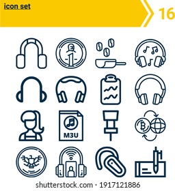 Simple Set Of  16 Lineal  Icons On Following Themes Scoop, Pushpin, Headphone, Clipboard, Crypto, M3u, Indonesian Rupiah, Nigerian Naira, Grunge Web Icons With High Quality