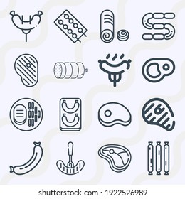 Simple set of  16 lineal icons on following themes steak, sausage, steaks, big steak, sausages, brochette web icons with high quality