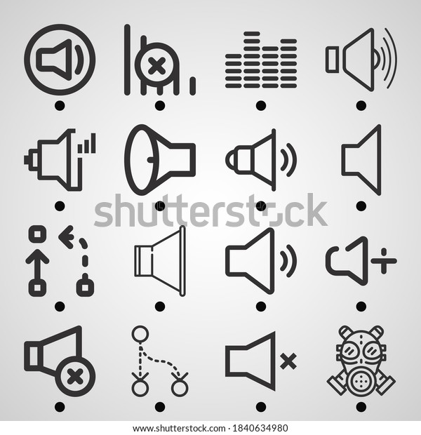 Simple set of  16 lineal icons on following\
themes divide, speaker high volume, volume, gas mask, volume bars,\
speaker web icons with high\
quality