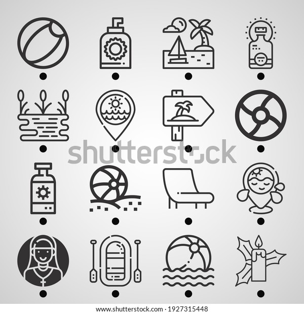 Simple set of  16 lineal\
icons on following themes summer, beach chair, sun cream, beach\
ball, sign, rubber, lake, location, candle, beach web icons with\
high quality