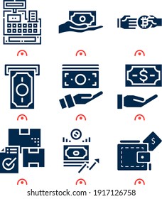 Simple set of  9 filled icons on following themes cash machine, money, cash money, checkout, revenue web icons with high quality
