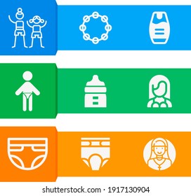 Simple Set Of  9 Filled Icons On Following Themes Kids, Baby With Diaper, Diapers, Feeder, Shampoo, Tambourine, Diaper, Heavy Web Icons With High Quality