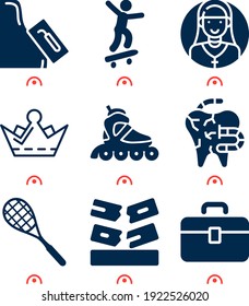 Simple Set Of  9 Filled Icons On Following Themes Plastering, Small Toolbox, Royal Crown Outline With Broken Lines, Decay, Tennis Racquet Web Icons With High Quality