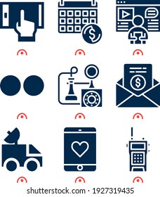 Simple set of  9 filled icons on following themes calendar, flickr, smartphone, news, email, van, telephone web icons with high quality