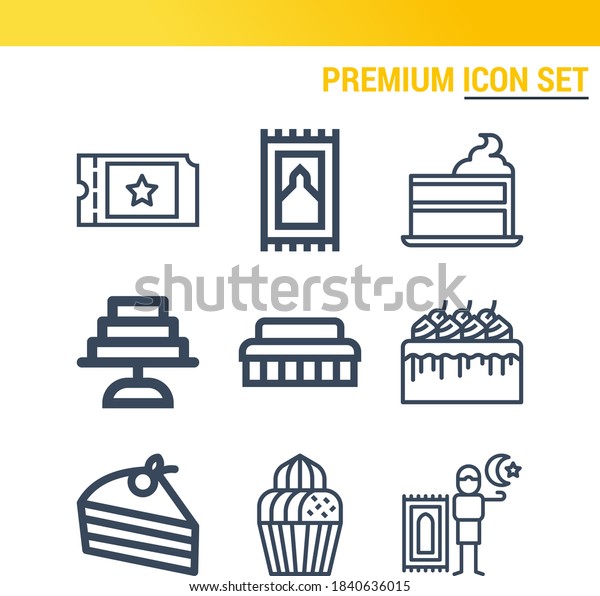 Simple set\
of  9 lineal icons on following themes cake, cup cake, cleaning\
brush, prayer rug web icons with high\
quality