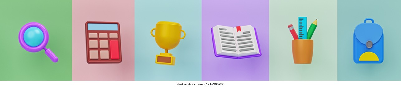 Simple Set Of School Objects Icons. Minimal Trendy Banner. 3d Rendering