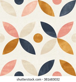 Simple Shapes Seamless Pattern On Paper Texture. Scandinavian Design Background