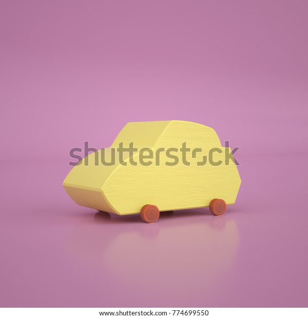 Simple small wooden toy car painted yellow\
with red wheels isolated on a pink background. 3d rendering,\
digital\
illustration
