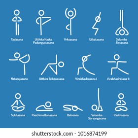 Simple stylized yoga poses icon set. Stick figures in yoga asanas illustration.