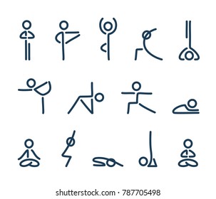 Simple stylized yoga poses icon set. Stick figures in yoga asanas.