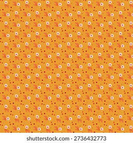 Simple summer small flower pattern Tiny floral fabric, wallpaper Simple white daisies and red small wildflowers on a dark yellow background Fabric Gift wrap Rustic, country, cottage decor, farmhouse