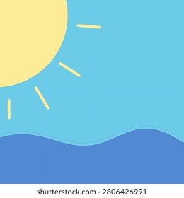 Simple sun shining over blue ocean waves, hand-drawn sunny day sea landscape illustration background