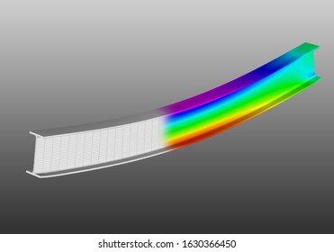 A simple supported I-beam bending under uniform distributed load. Isometric view 3D Illustration of mesh deformation and plot of normal stresses from finite element analysis on grey gradient backround