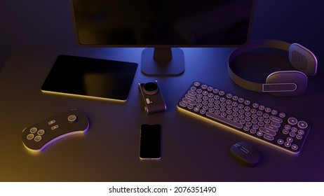 Simple tech devices on the table 3d render
