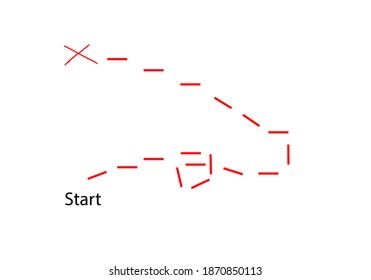 Simple Treasure Map With A Start, Red Dashes And A Red X On A White Background.