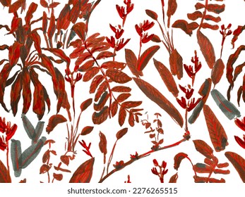 Simple Tropical Clean Seamless Pattern. Crimson Red Floral Creative Summer Print. Hand Drawn Hawaii Forest Illustration. Naive Doodle Jungle Design. Exotic Swimwear Foliage Background.