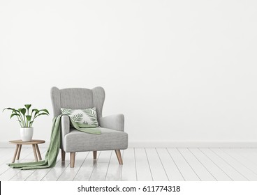 Simple urban jungle style interior with grey armchair, green plaid, tropical pattern pillow and plant on white wall background. 3D rendering. 