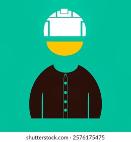 A simple vector icon of a worker wearing a white helmet and brown shirt, set on a green background. Perfect for safety, construction, and industrial-themed designs.