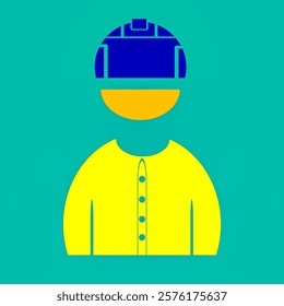A simple vector icon of a worker wearing a blue helmet and a yellow shirt, set on a green background. Suitable for security, construction and industrial themed designs.