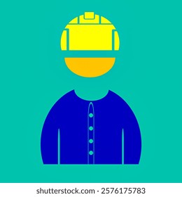 A simple vector icon of a worker wearing a yellow helmet and a blue shirt, set on a green background. Suitable for security, construction and industrial themed designs.