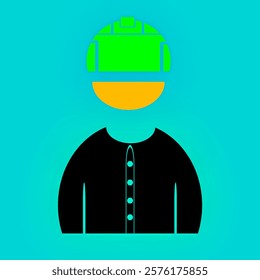 A simple vector icon of a worker wearing a green helmet and a black shirt, set on a green background. Suitable for security, construction and industrial themed designs.