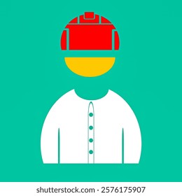 A simple vector icon of a worker wearing a red helmet and a white shirt, set on a green background. Suitable for security, construction and industrial themed designs.