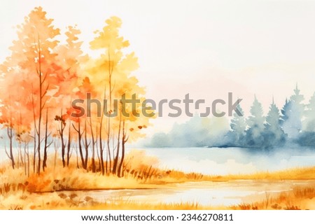 Simple watercolor autumn landscape scenery. Beautiful nature fall season countryside rural background. Peaceful and idyllic environment.