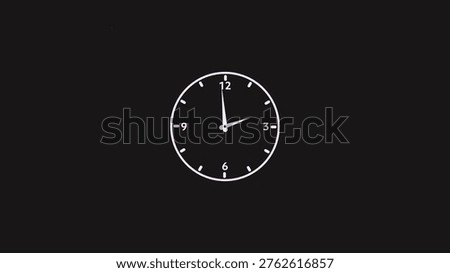 A simple white analog clock on a solid black background. The clock face is white with white numbers and hands. The clock 12 o'clock. The clock face has hour markers and numbers at 12, 3, 6, and 9. The hour and minute hands are aligned at the 12.