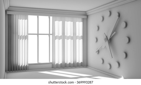 Simple white clean interior with big wall clock. 3d render