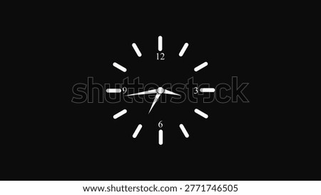 A simple white clock face is centered on a solid black background. The clock face white lines and numbers marking the hours at 12, 3, 6, and 9. The hour, minute, and second hands are white and positioned to indicate 12:00. The is minimalistic and clean.