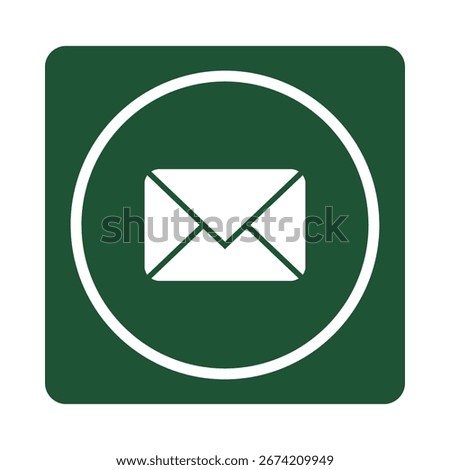 Simple white envelope icon inside a white circle on a dark green square background.