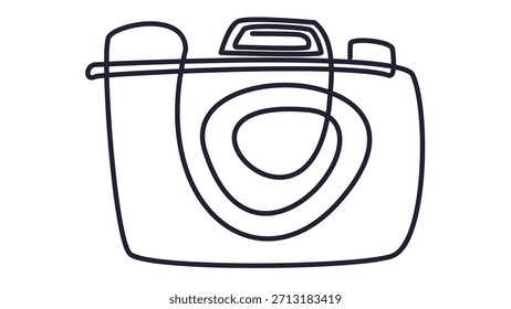 A simple yet elegant continuous line art illustration of a classic camera, rendered in black on a clean white background, embodying minimalism and artistic simplicity.