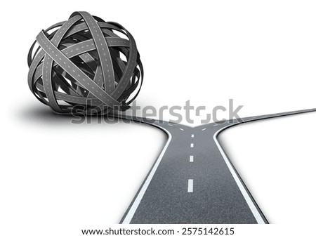 Simplicity Or Complexity business pathway concept as choosing confused roads or clear path to success as a fork in the road crossroad metaphor for the right or wrong way as a 3D illustration.