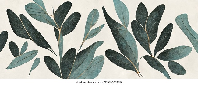 Simplistic Leafs On Plain Background, Design Element For Wallpapers And Background, Viridian Green Plants