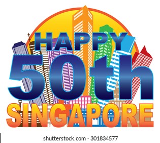 Singapore 2015 Happy 50th National Day City Skyline Silhouette Outline in Circle Color Isolated on White Background Raster Illustration - Powered by Shutterstock