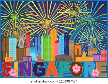 Singapore City Skyline Silhouette Outline Panorama Fireworks Text Color Background Illustration - Powered by Shutterstock