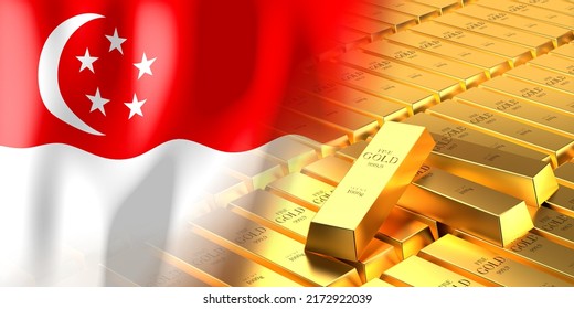 Singapore Flag And Gold Ingots - 3D Illustration