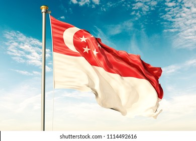 Singapore Flag On The Blue Sky With Cloud. 3D Illustration