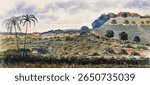 Singapore: a hill known as "Mount Echo" Watercolour by J Taylor, 1879. Vintage nature landscape painting artwork, old illustration of nature landscape.