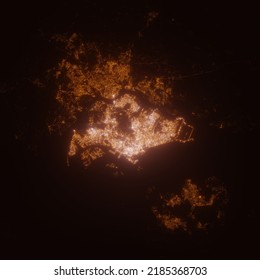 Singapore Street Lights Map. Satellite View On Modern City At Night. Imitation Of Aerial View On Roads Network. 3d Render, High Resolution