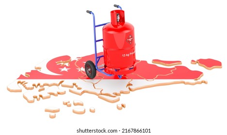 Singaporean Map With Propane Gas Cylinder On Hand Truck. Gas Delivery Service In Singapor, Concept. 3D Rendering Isolated On White Background