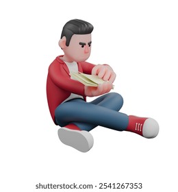 Singing Personality 3D. A male singer is sitting on the floor with his left leg bent and his right leg perpendicular to it while reading a lyric book. Music Performer - Powered by Shutterstock