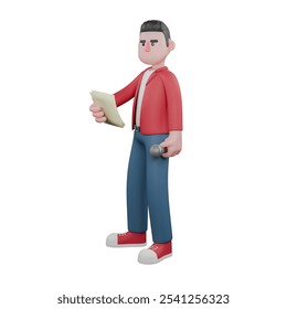 Singing Star 3D Model. A male singer stands holding a paper note and a mic in both hands. Music Performer - Powered by Shutterstock