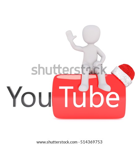 single 3d rendered figure waving while seated on youtube sign with red and white christmas hat - Youtube White Christmas single 3d rendered figure waving while seated on youtube sign with red and white christmas hat - Youtube White Christmas